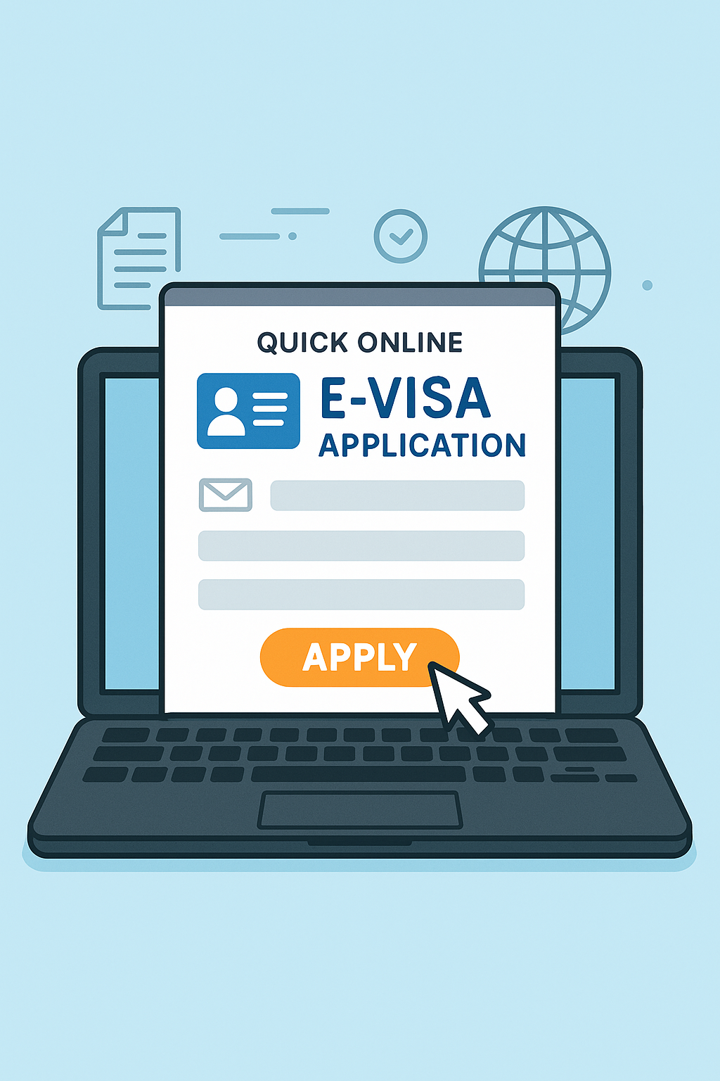 Illustration of a traveler applying for an e-visa online, showcasing the digital convenience of modern travel.